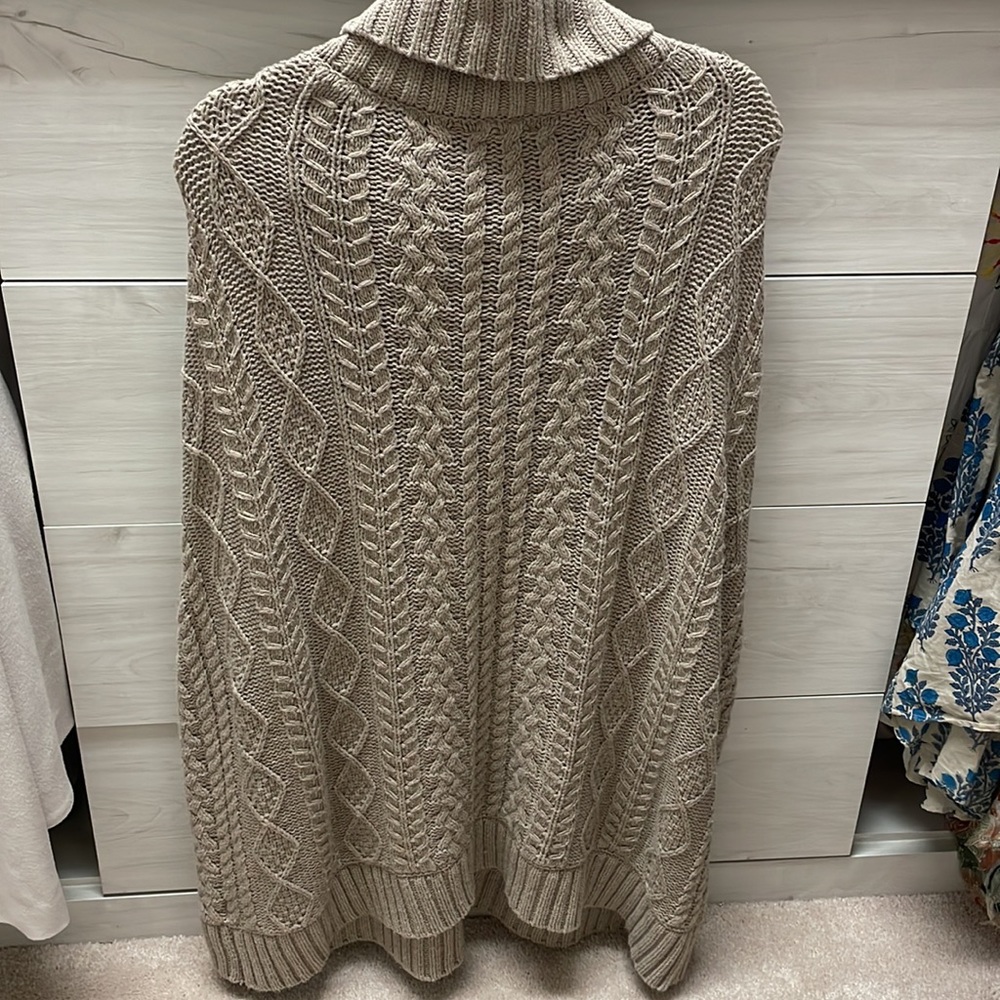 gray/beige long cableknit poncho with turtleneck
